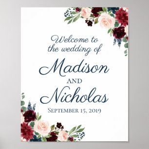 Navy Marsala Floral Wedding Welcome Sign Poster