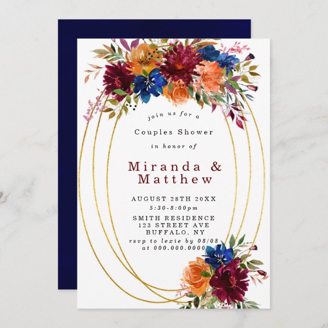 Navy Marsala Orange Floral Couples Shower Invite (Front/Back)
