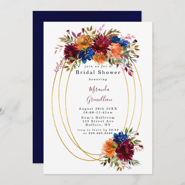 Navy Marsala Orange Floral Geometric Bridal Shower Invitation (Front/Back)
