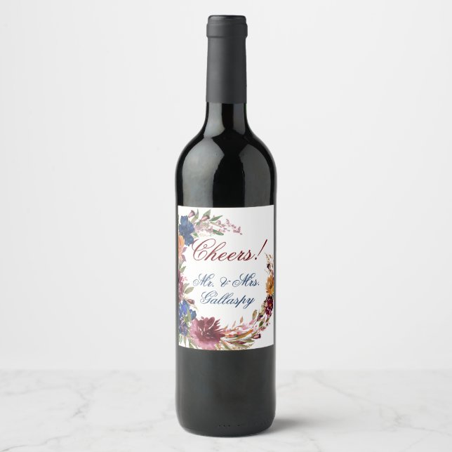 Navy Marsala Orange Floral Geometric Wedding  Wine Label (Front)
