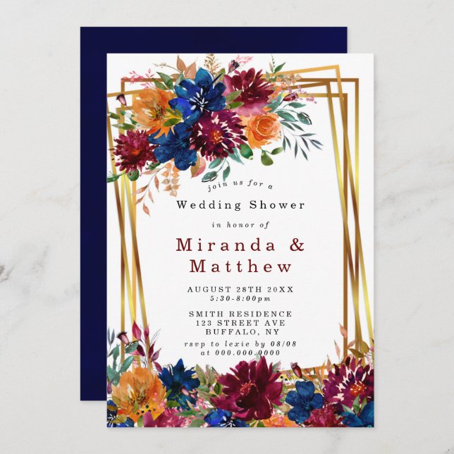 Navy Marsala Orange Floral Gold Couples Shower (Front/Back)