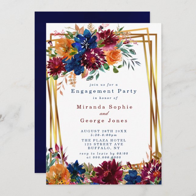 Navy Marsala Orange Floral Gold Engagement Party I Invitation (Front/Back)