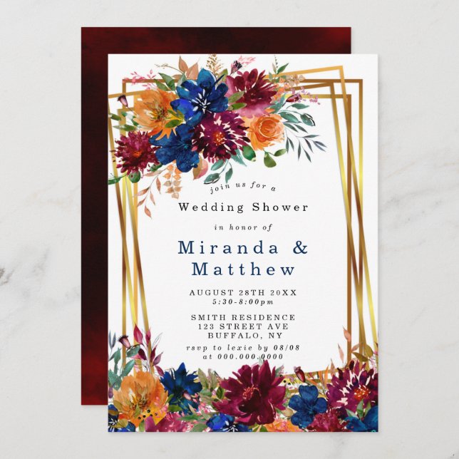 Navy Marsala Orange Floral Gold Wedding Shower (Front/Back)
