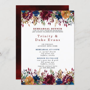 Navy Marsala Orange Floral Rehearsal Dinner Invitation