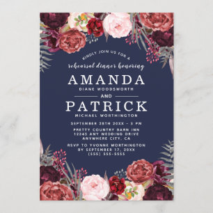 Navy Marsala Peony Rehearsal Dinner Invitations