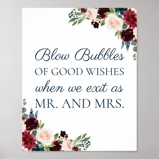 Navy Marsala Wedding Bubbles of Good Wishes Sign (Front)