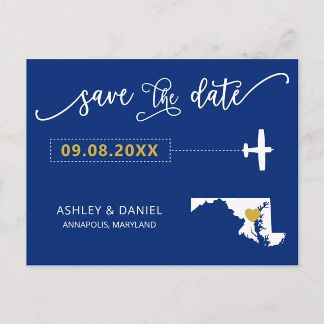 Navy Maryland Wedding Save the Date Map Postcard (Front)