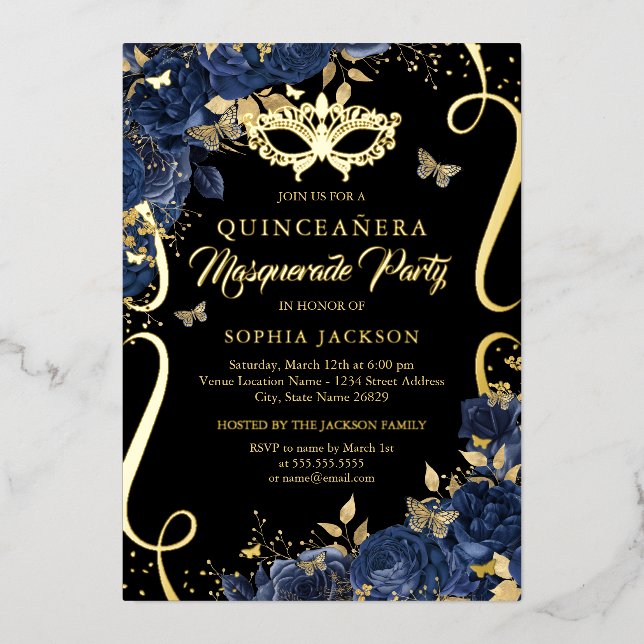 Navy Masquerade Floral Butterfly Quinceanera (Front)