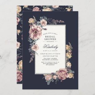 Navy Mauve Elegant Vintage Floral Bridal Shower Invitation