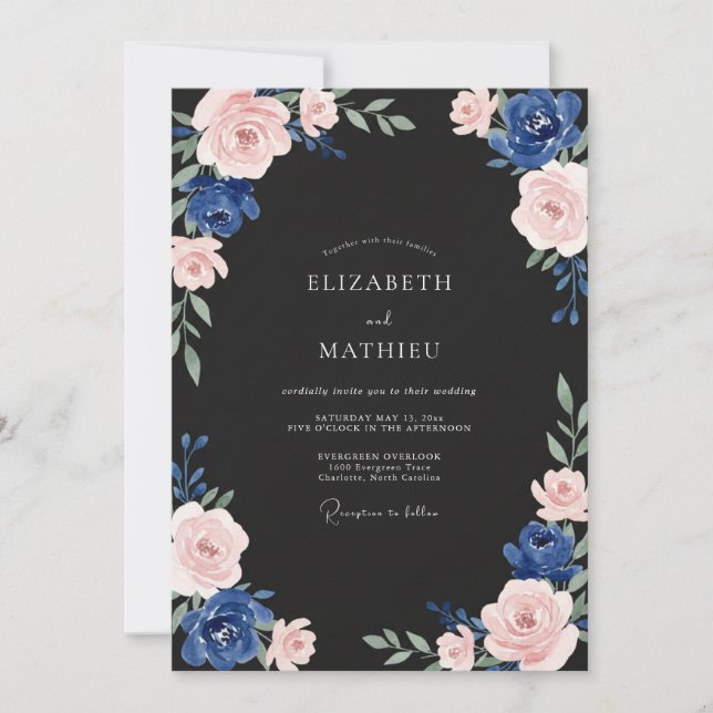 Navy Mauve Ranunculus Eucalyptus Wedding Invitation (Front)