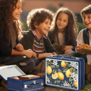 Navy Mediterranean Lemons Stylish Italian Kids Metal Lunch Box
