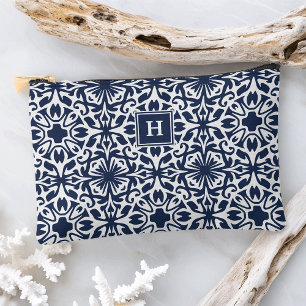 Navy Mediterranean Tile Pattern Monogram Accessory Pouch
