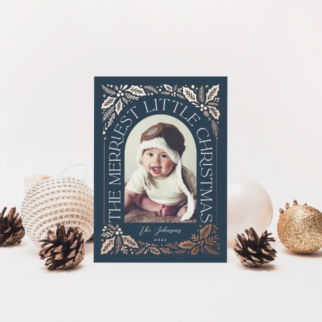 Navy Merriest Little Christmas Arch Photo Foil Holiday Card (Creator Uploaded)