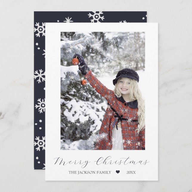 Navy Merry Christmas Modern One Photo Holiday Card (Front/Back)
