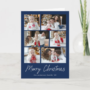 Navy Merry Christmas Script 6 Photo Collage Holiday Card
