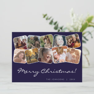 Navy Merry Christmas Whit Black 10 Photo Collage Holiday Card