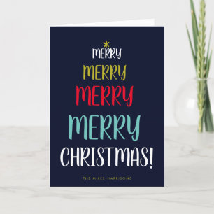 Navy Merry Tree Typographic Photo Folded Holiday Card