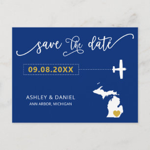 Navy Michigan Wedding Save the Date Map Postcard