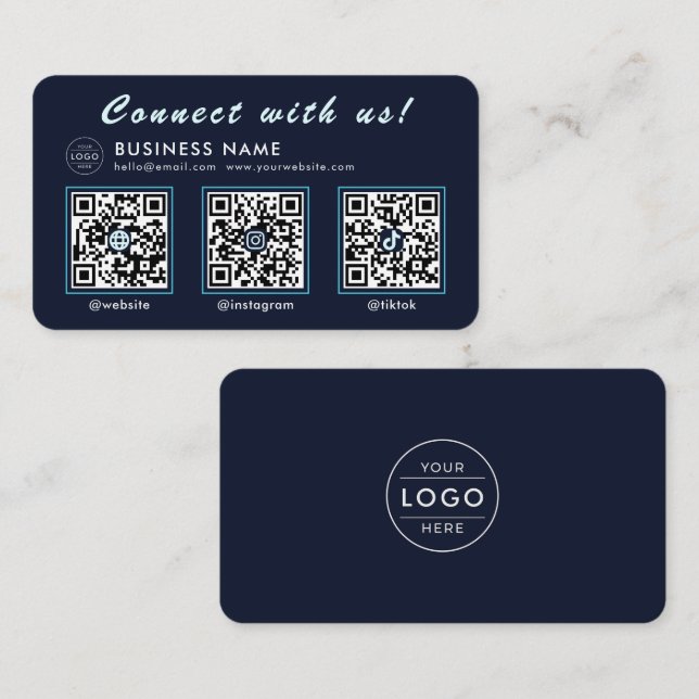 Navy Midnight Blue 3 QR Code Multi Social Business Card (Front/Back)
