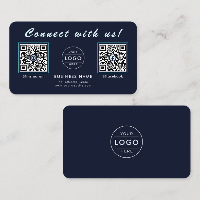 Navy Midnight Blue Dual QR Code Multi Social Business Card (Front/Back)