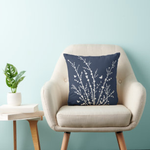 Navy Minimal Butterflies and Branches Modern Cushion
