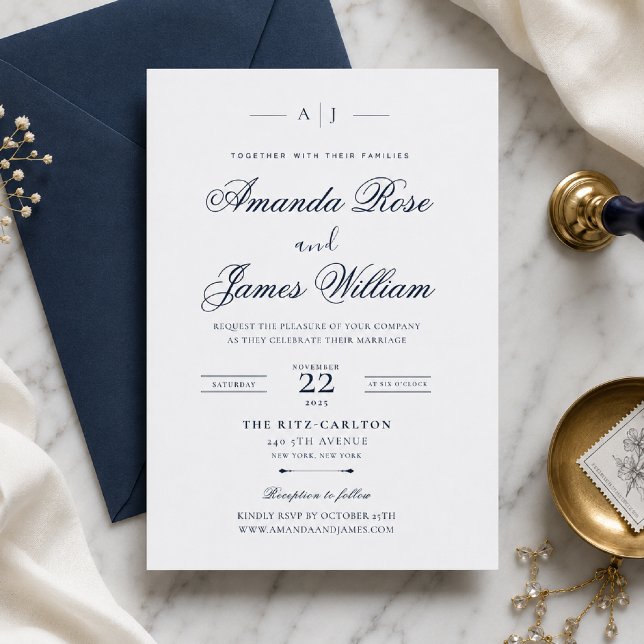 Navy Minimal Luxury Wedding Invitation Template (Elegant navy wedding invitation with timeless minimal luxury styling.)