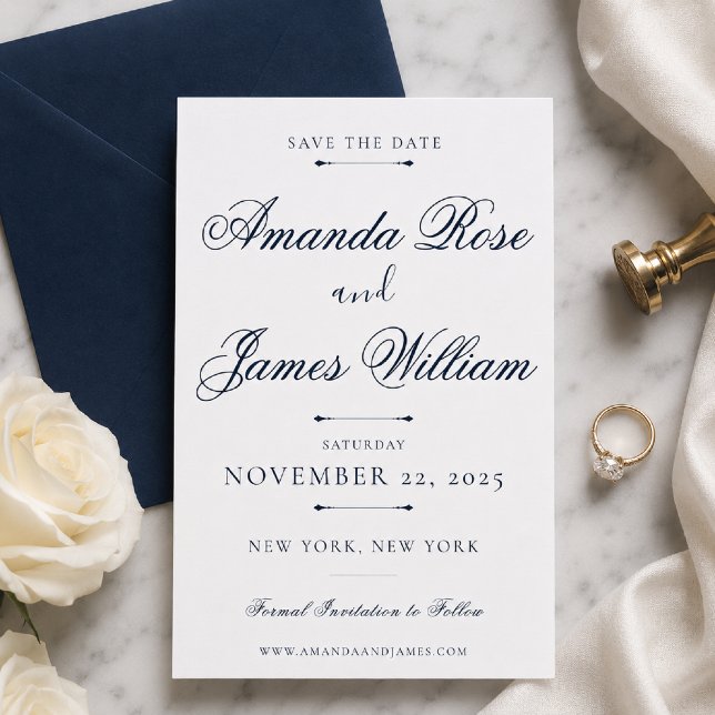 Navy Minimal Luxury Wedding Save the Date Template (Elegant navy Save the Date on marble with timeless luxury styling.)