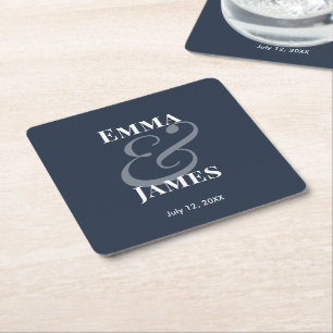 Navy Minimalist Ampersand Wedding Reverse Square Paper Coaster
