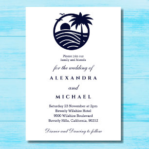 Navy Minimalist Palm Tree Coastal Wedding  Invitation