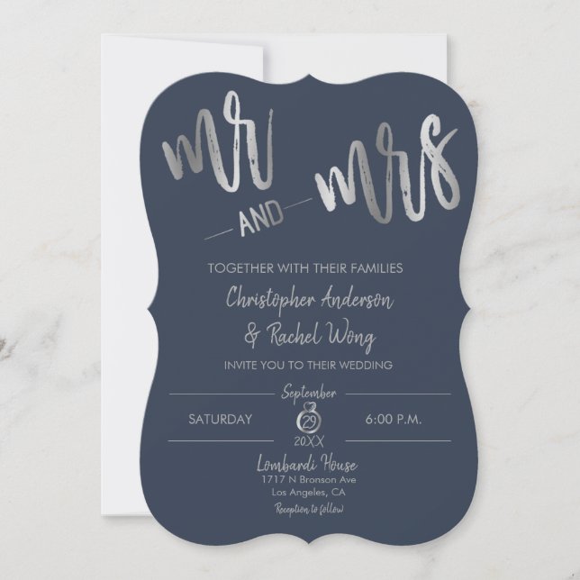 Navy Minimalist Silver Foil Script Mr Mrs Wedding Invitation (Front)