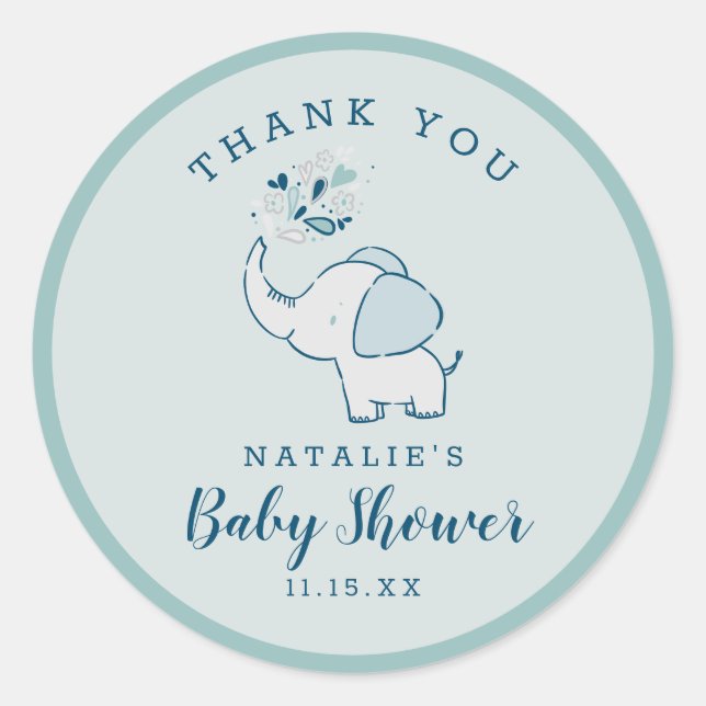 Navy & Mint Cute Elephant Baby Shower Thank You Classic Round Sticker (Front)