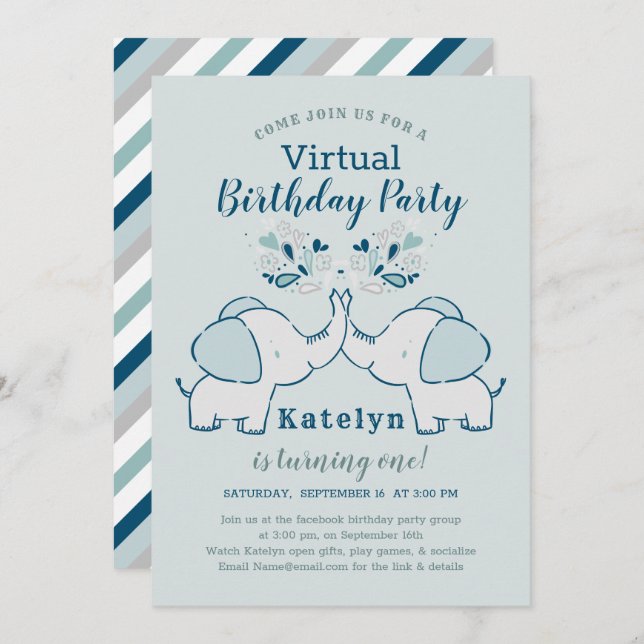 Navy & Mint Cute Elephant Virtual Birthday Party Invitation (Front/Back)