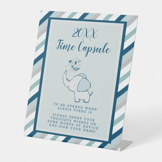 Navy & Mint Elephant Baby Shower Time Capsule Pedestal Sign (Front)