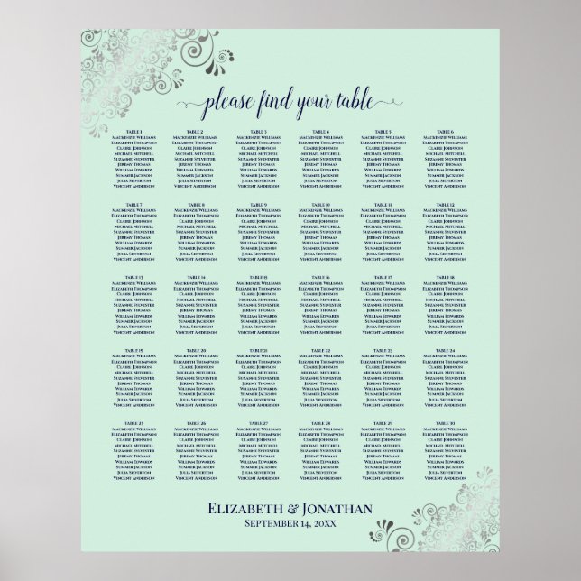 Navy & Mint Green 30 Table Wedding Seating Chart (Front)