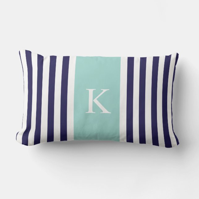 Navy Mint Green Stripes Monogram Lumbar Cushion (Front)