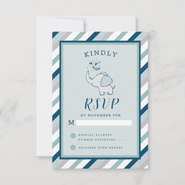 Navy Mint & Grey Cute Elephant Baby Girl RSVP (Front)