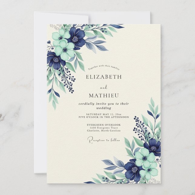 Navy Mint Serene Botanical Wedding Invitation (Front)