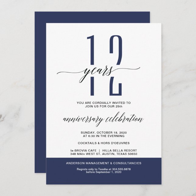 Navy Modern Business Anniversary Party Invites (Front/Back)