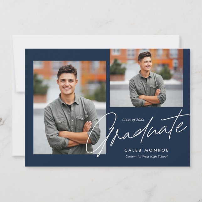 Navy Modern Calligraphy Script 3 Photo Graduation  Announcement (Front)