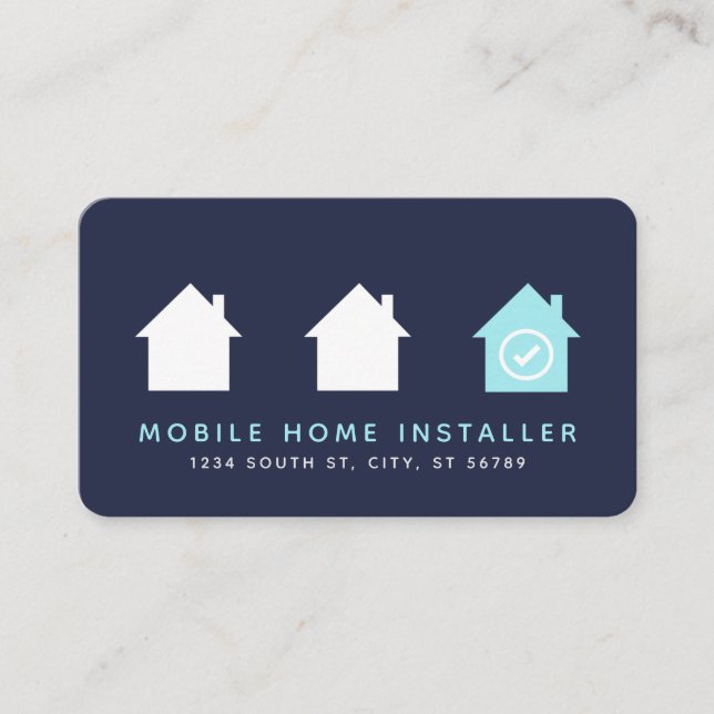 Navy Modern Checkmark House Mobile Home Installer Business Card (Front)