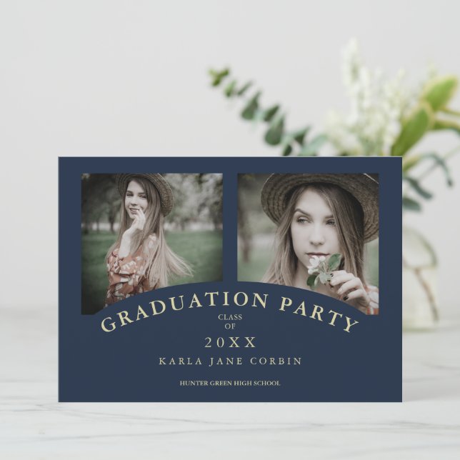 Navy Modern Elegant Chic Graduation Party 2 Photos Invitation (Standing Front)