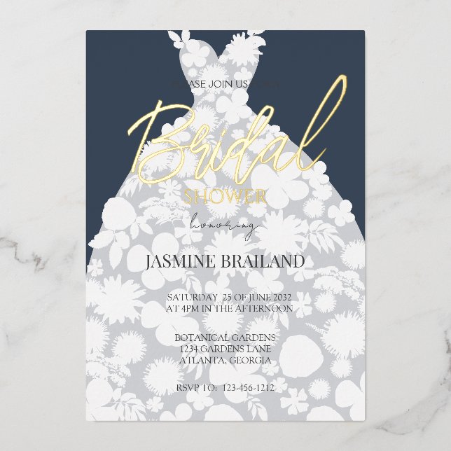 Navy Modern Floral Gown Bridal Shower Gold  (Front)