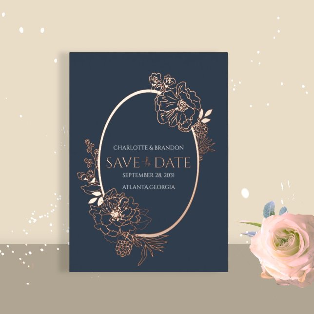 Navy Modern Floral Sketch Oval Save the Date  (Creator Uploaded)