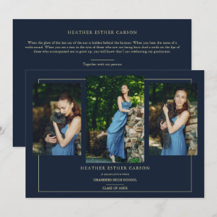 Navy Modern Gold 3 Photos Sophisticated Graduation Invitation