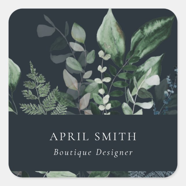 Navy Modern Green Leafy Tropical Foliage Fern Square Sticker (Front)