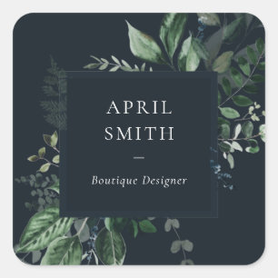 Navy Modern Green Leafy Tropical Foliage Fern Square Sticker