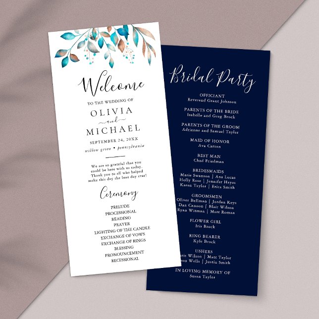 Navy Modern Greenery Rustic Wedding Program (Creator Uploaded)