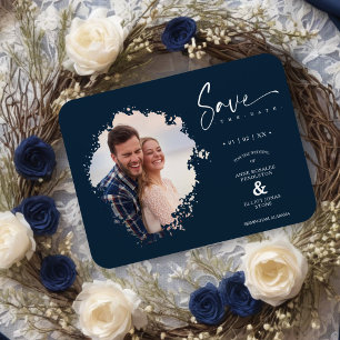 Navy Modern Grunge Ink Effect Photo Engaged Couple Magnet