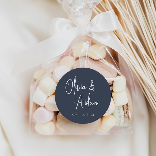 Navy | Modern Handwritten Script Wedding Classic Round Sticker (Creator Uploaded)