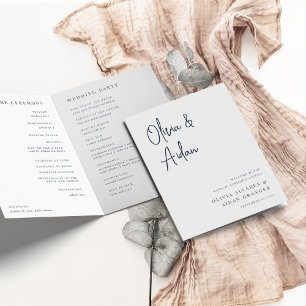 Navy   Modern Handwritten Script Wedding Program